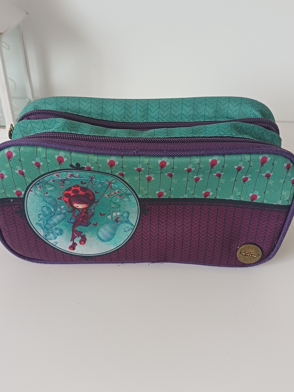 Ketto Ladybug Art Collection Teal and Purple Double-Zip Pencil Case Organizer